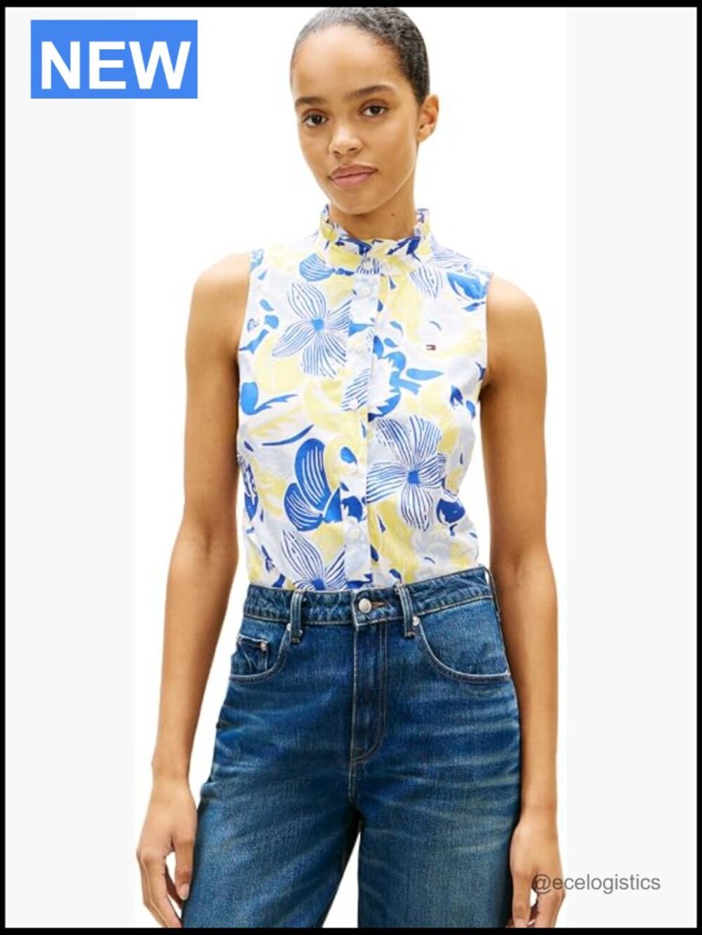 Sleeveless Cotton Button Down Shirt with Collar Detail